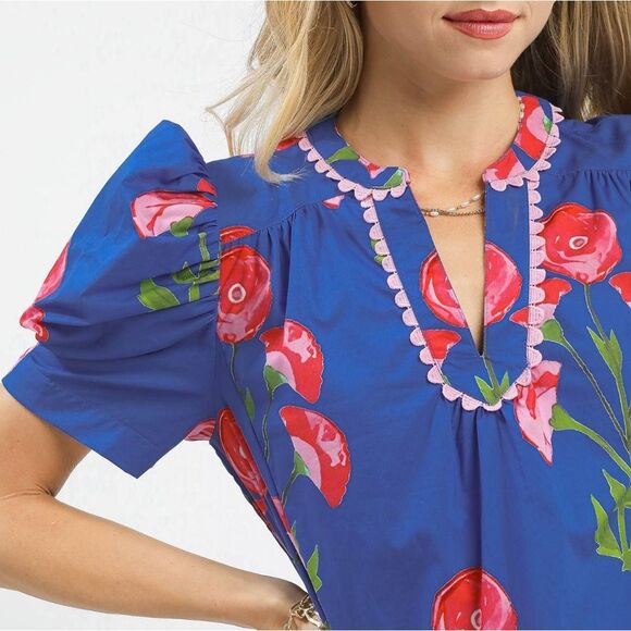 Umgee Floral Print Puff Sleeve A-Line Dress Royal Blue Pink Roses  Sz Large - Picture 2 of 4